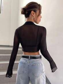 SHEIN ICON 前排扣荷葉袖短款透視網紗上衣不附胸罩