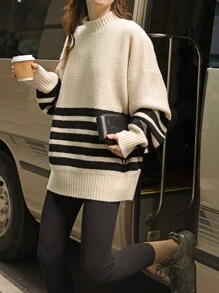 Striped Pattern Drop Shoulder Mock Neck Sweater - Beige - View 3