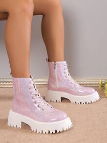 European Minimalist Chic Chunky Heeled Short Boots, Sparkling Pink Motorcycle Ankle Boots For Fall/Winter,Boots For Women - Pink - View 6