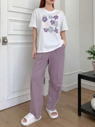 DAZY Floral Print Drop Shoulder Tee & Pants Lounge Set Pajama