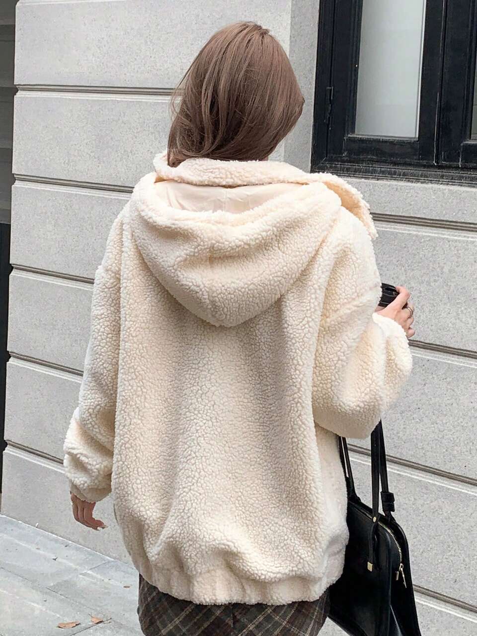 Women's Cream Solid Teddy Jacket,Drop Shoulder Drawstring Hooded Winter Warmth Loose Button Pocket Casual Autumn School Back-To-School Fashion Coat