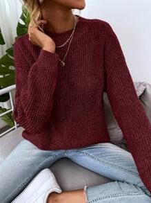 SHEIN LUNE Solid Drop Shoulder Sweater - Burgundy - View 1