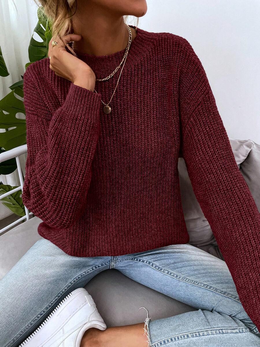 SHEIN LUNE Solid Drop Shoulder Sweater - Burgundy - View 1