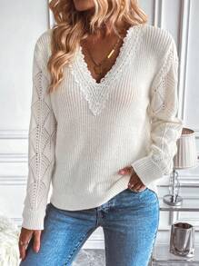SHEIN LUNE Guipure Lace Trim Drop Shoulder Sweater - Beige - View 5