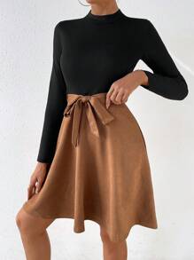 Chiquease Two Tone Mock Neck Belted Dress - Black - View 5