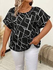 SHEIN LUNE Plus Geo Print Batwing Sleeve Tee - Black and White - View 4