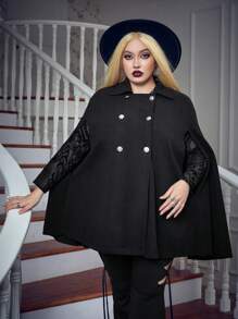 Flirla Plus Contrast Mesh Double Breasted Cape Overcoat - Black - View 5