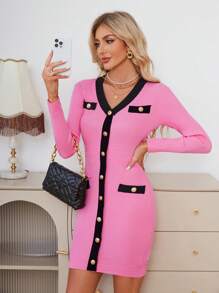 SHEIN Privé Viền tương phản Nút phía trước Váy len bó sát - Màu Hồng Tươi - Xem 3