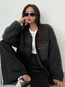 DAZY Dây kéo Thả vai Áo khoác Teddy - Màu xám đen - Xem 7