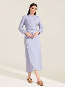 Mulvari 棉素色抽繩連帽洋裝 - 紫丁香色 - 查看 4