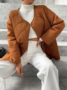 SHEIN Essnce Drop Shoulder Double Breasted Belted Quilted Coat - Apricot - View 3