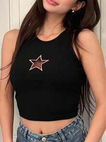 DAZY Star Pattern Crop Tank Top - Black - View 7