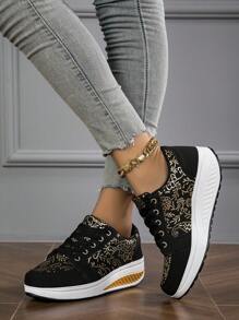 秋冬女士休闲运动鞋，坡跟厚底步行鞋，时尚、舒适、轻便，女士运动鞋 - 黑色 - 查看 4