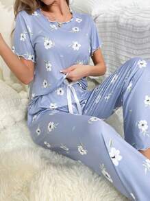 Floral Print Lettuce Trim PJ Set / Pajama Set Lounge Wear Setpajamas Set For Womanblue Pajama Set - Blue - View 4