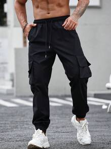 Manfinity Homme Men Flap Pocket Drawstring Waist Cargo Pants - Black - View 8