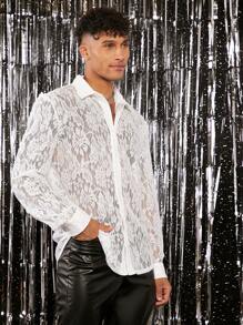 FeverCity Nam Nút phía trước Ren Áo sơ mi - trắng - Xem 4