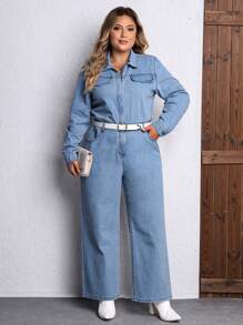SHEIN LUNE 大碼翻蓋細節闊腿牛仔連身褲不附腰帶 - 淺色水洗藍 - 查看 1