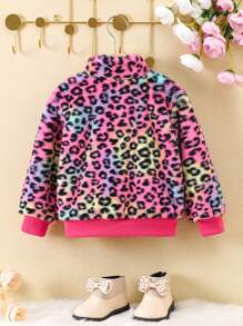 SHEIN Young Girl 1pc Leopard Pattern Zipper Teddy Jacket - Multicolor - View 2