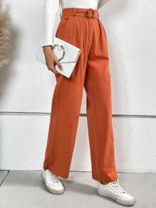 SHEIN Frenchy Chi tiết nếp Thắt lưng Quần chân thẳng - Gỗ đỏ - Xem 5