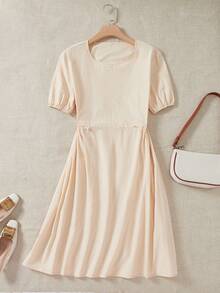 SHEIN LUNE Solid Puff Sleeve A-line Dress - Apricot - View 3