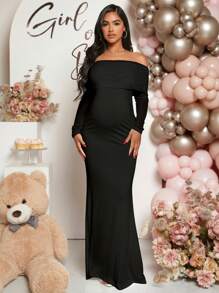 Loomaby Pregnant Women Off-Shoulder Fishtail Baby Shower Long Sleeve Dress For Maternity