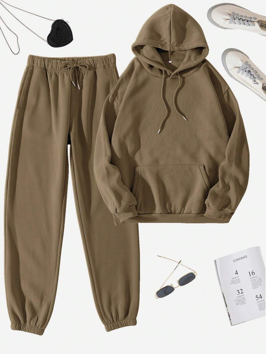 INAWLY Kangaroo Pocket Drawstring Hoodie & Sweatpants - Brown - View 1