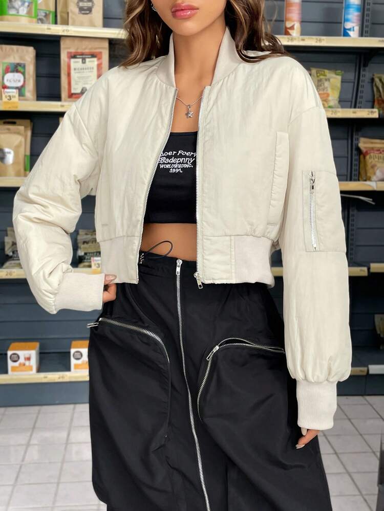 Zip Up Crop Baseball Collar Padded Coat