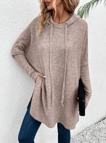 SHEIN LUNE Suéter de punto con capucha con cordón y mangas de murciélago para otoño e invierno - Caqui - Ver 5
