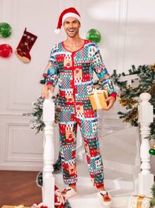 Men Christmas Print Zip Up Sleep Jumpsuit for Christmas - Multicolor - View 7
