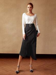 MOTF PREMIUM BELTED ASYMMETRICAL HEM SKIRT - Black - View 6