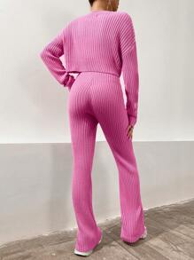 SHEIN Unity Jersey de hombros caídos con pantalones tejidos - Rosa Fucsia - Ver 2