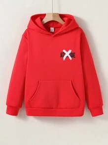 SHEIN Leap Crew 紅色青少年男孩休閒印花針織連身衣,標語圖案,保暖帽衫