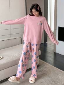 DAZY Set homewear con estampado de dibujos animados y letra de hombros caídos - Rosa - Ver 4