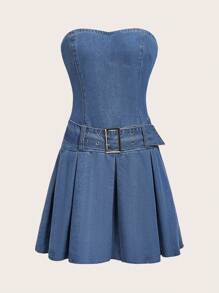SHEIN ICON Halloween Solid Belted Denim Tube Dress - Medium Wash - View 1