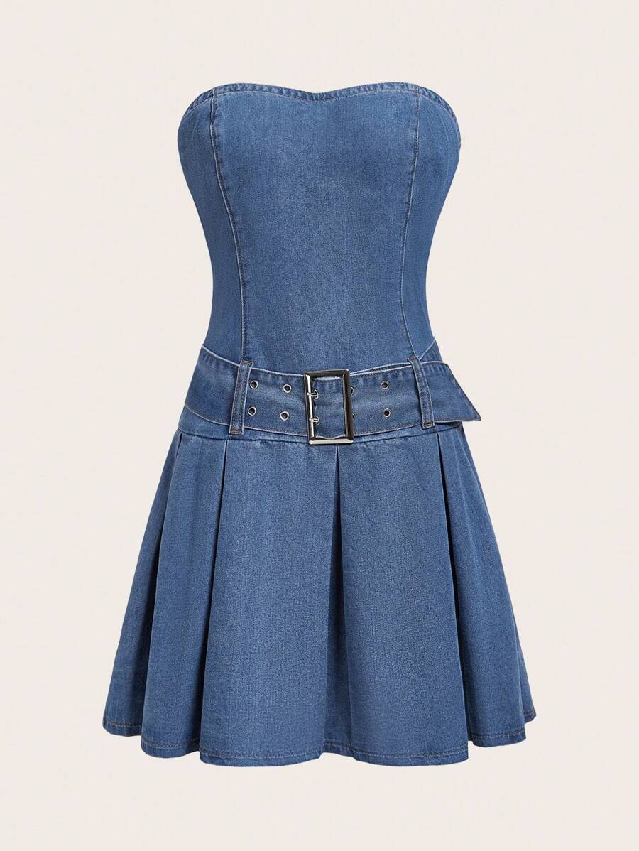 SHEIN ICON Halloween Solid Belted Denim Tube Dress - Medium Wash - View 1