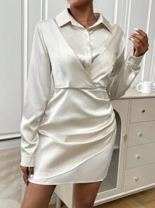 SHEIN Essnce Vestido camisero unicolor fruncido bajo cruzado de satén - Beis - Ver 4