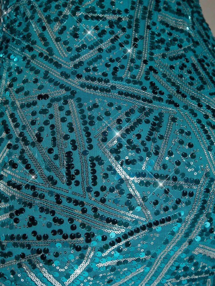 Green-Blue Backless Sparkly Long Sleeve Mini Dress, Gorgeous Party Outfit