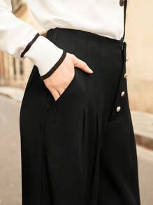 SHEIN Frenchy Nút phía trước Chi tiết xếp li Quần chân thẳng - màu đen - Xem 5