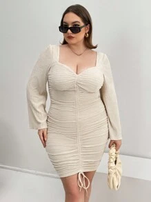 SHEIN Privé Talla grande Vestido ajustado escote corazón con cordón delantero - Albaricoque - Ver 3