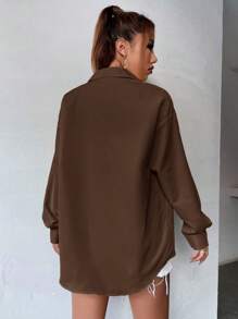 SHEIN Unity Solid Button Front Pocket Patched Shirt - Coffee Brown - View 2