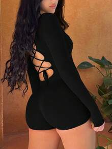 Mono unitard unicolor de cuello cuadrado - Negro - Ver 2