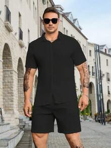 Manfinity Homme Hombres talla grande Camisa unicolor con botón & Shorts - Negro - Ver 5