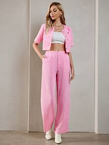 SHEIN Privé con parche de bolsillo Cazadora crop & Pantalones de pierna ancha - Rosa Pálido - Ver 4