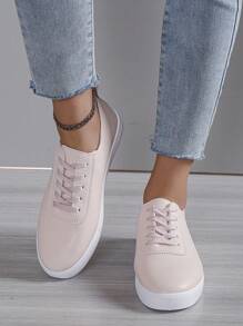 女性休閒平底滑板鞋帶防滑鞋底 - 粉色 - 查看 1