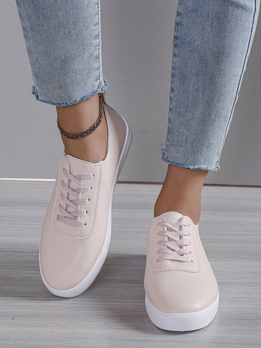 女性休閒平底滑板鞋帶防滑鞋底 - 粉色 - 查看 1