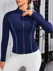 拼接滾邊拉鏈開襟運動夾克 - 藏蓝色 - 查看 4