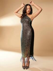 SHEIN SXY Plus Fish Scales Fringe Hem Halter Dress - Black - View 4