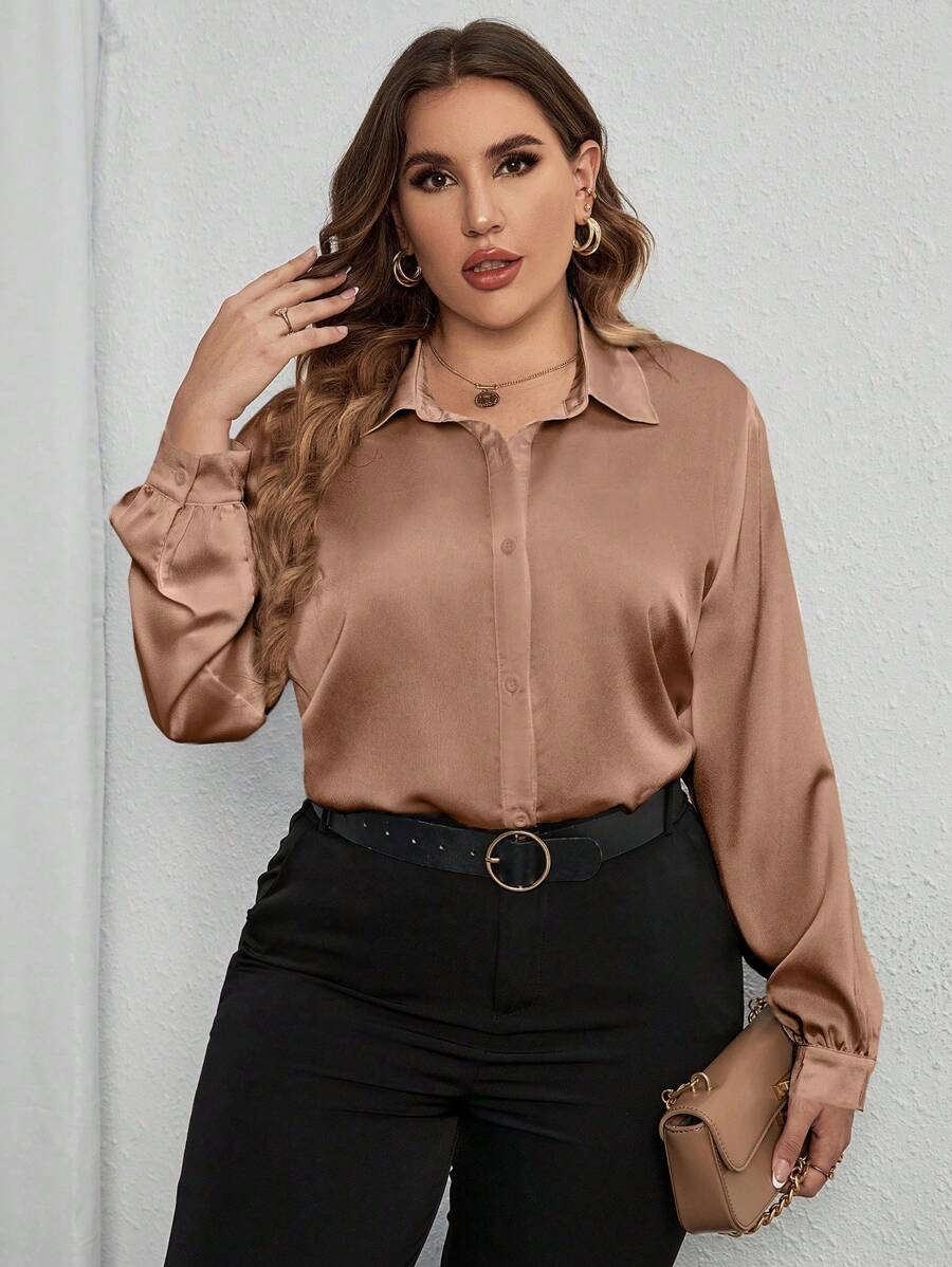 SHEIN Clasi Plus Solid Button Front Shirt - Champagne - View 1