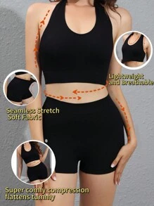 Set de lencería unicolor halter - Negro - Ver 1