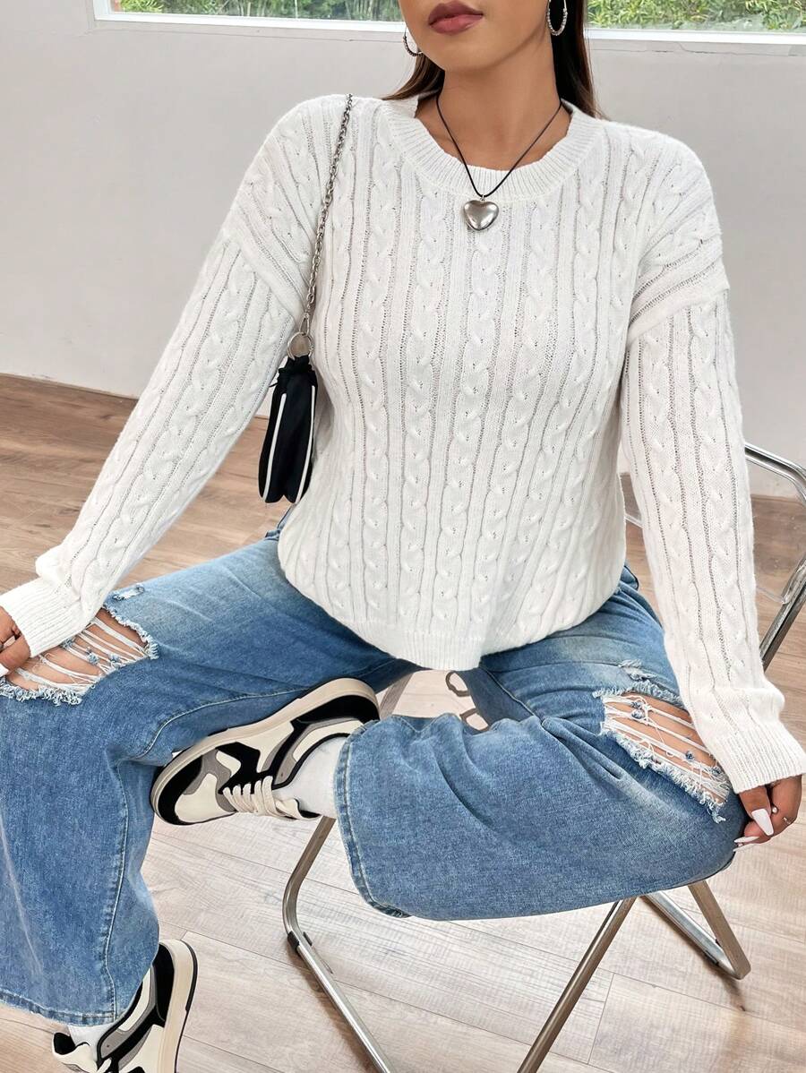 Flirla 加大码麻花针织落肩套头毛衣秋冬毛衣 - 白色 - 查看 1